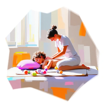 A gentle massage therapist with light skin and short hair is kneeling on a soft mat, working with a child who has curly hair and a joyful expression. The therapist is focused on providing a calming massage, using soft, nurturing movements on the child's back. The child is lying comfortably on their stomach, surrounded by colorful cushions and soft toys scattered around them. Natural light filters through a nearby window, creating a warm and inviting atmosphere in the room. The therapist's hands are positioned delicately on the child's back, conveying a sense of care and therapeutic purpose.