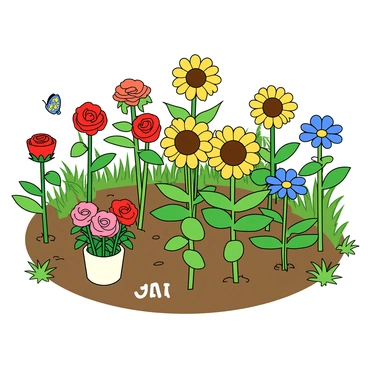A vibrant garden filled with ten colorful flowers of various species, including red roses, yellow sunflowers, and blue daisies. Among them, three flowers are picked and placed in a small vase on the ground, emphasizing the ratio of 10 to 3. The remaining flowers stand tall in the soil, surrounded by lush green leaves and grass. The scene is illuminated by bright sunlight, enhancing the vivid colors of the flowers. A cheerful butterfly flutters nearby, adding a playful touch to the garden atmosphere.