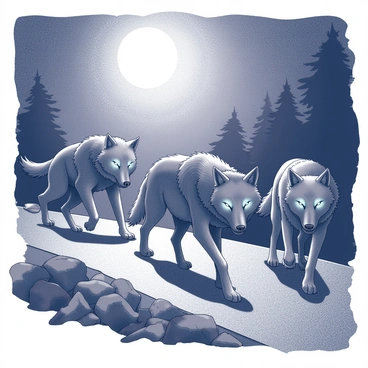 A pack of wolves moving along a winding path under the moonlight. The wolves are depicted in various poses, showcasing their muscular builds and sharp features. Their eyes are glowing, creating an intense focal point on their faces. The surrounding landscape includes dark trees silhouetted against the night sky, enhancing the atmosphere. The ground is textured with leaves and rocks, suggesting a natural setting. The wolves appear alert and coordinated, moving as a cohesive unit, conveying a sense of vigilance.