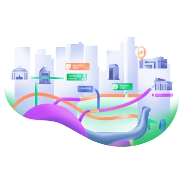 A detailed subway map illustrating connections between famous art museums and galleries within a city. The map features brightly colored lines representing different subway routes, each connecting to various icons of well-known art institutions. Each museum or gallery is marked with a distinct building icon, along with their names displayed in bold, clear lettering. The background of the map showcases subtle outlines of the city skyline, lightly colored to maintain focus on the map itself.