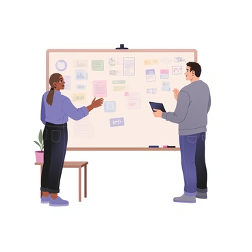 A client and an illustrator are engaged in a discussion next to a large whiteboard. The client is a woman with medium skin and long brown hair tied back, wearing a blue blouse and black jeans. She is gesturing towards the whiteboard, which is filled with colorful sketches and notes. The illustrator is a man with light skin and short curly hair, dressed in a gray sweatshirt and denim pants. He is listening intently, holding a digital tablet in one hand. The atmosphere is focused and collaborative, with a few markers scattered on a nearby table and a potted plant in the corner of the room.