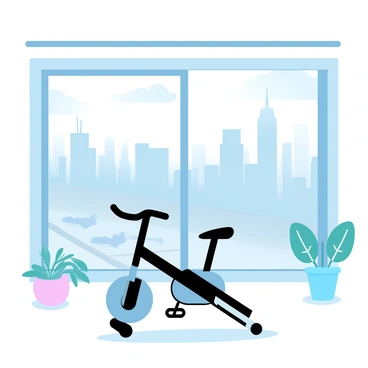A high-rise apartment features a workout bike positioned facing a large window. The window offers a panoramic view of a bustling cityscape with numerous skyscrapers and busy streets below. The interior of the apartment is modern, with minimalist furniture and decor. The morning sunlight streams through the window, casting soft shadows across the room. A few potted plants are placed near the window, adding a touch of greenery to the urban setting.