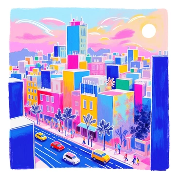 A cityscape features a collection of overlapping buildings in varying shades. The buildings are tall and geometric, with sharp angles and smooth surfaces. Some structures are rectangular while others are angular, creating a dynamic skyline. Different shades of blue, green, and gray are used to depict the buildings, giving depth and dimension. The foreground includes a busy street with pedestrians walking and small vehicles moving. In the background, a colorful sunset casts a warm glow over the scene, enhancing the appearance of the buildings.