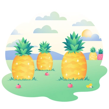 A surreal landscape where pineapples grow as tall as trees in a field