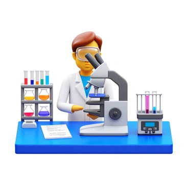 A scientist in a white lab coat is examining a sample of plasma under a microscope. The scientist has short brown hair and is wearing protective goggles. The microscope is detailed, featuring intricate knobs and a glass lens. Surrounding the scientist are various pieces of lab equipment, including a beaker filled with a colorful liquid, test tubes organized in a rack, and a digital scale. A notebook is open on the table, with handwritten notes visible. The laboratory environment is well-lit, showcasing a clean and organized workspace.