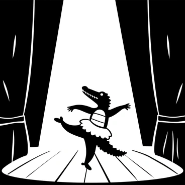 A crocodile wearing a fluffy tutu is standing on its hind legs, gracefully balancing as it performs ballet on a wooden stage. The spotlight shines directly on the crocodile, creating a dramatic effect with stark lighting. The stage floor features polished wooden planks, and there are subtle curtains framing the scene in the background, giving a theatrical atmosphere. The crocodile's arms are extended elegantly, showcasing its poise in the dance.