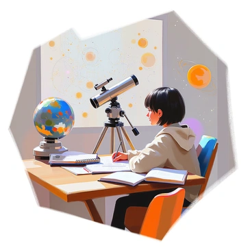 A stargazer with short black hair and wearing a cozy sweater is sitting at a wooden desk, filling out a membership form for an astronomy club. Around them are several telescopes of various sizes, with one telescope prominently positioned beside the desk. The wall is covered with detailed star maps depicting various constellations and celestial objects. A small globe of the Earth is placed in one corner of the desk, and a notebook filled with notes about stars and planets lies open next to the stargazer. The atmosphere is focused and inviting, reflecting the excitement of joining a community of astronomy enthusiasts.