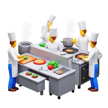 A group of chefs in white uniforms engaged in conversation while preparing various dishes. One chef is chopping vegetables on a cutting board, while another is stirring a pot on the stove. There are several stainless steel workstations filled with fresh ingredients, pots, and utensils. The kitchen is busy with steam rising from pots and the sound of sizzling food in the background. Bright overhead lights illuminate the space, highlighting the chefs' focused expressions and the organized chaos of the kitchen environment.