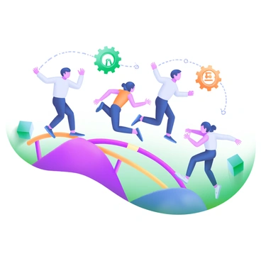 A modern pastel illustration of a diverse group of people working together to overcome various obstacles represented as colorful hurdles. Each person is depicted in a dynamic pose, showing determination and teamwork, as they leap over the hurdles. Surrounding the scene are symbols of technology, such as gears and circuit icons, representing system integration. The background features a gradient of soft pastels, enhancing the sense of collaboration and progress.