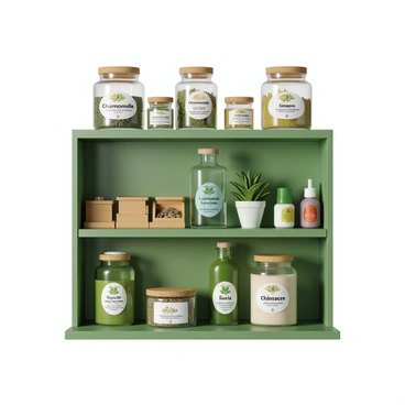 A display of herbal medicines and remedies on a green-themed shelf