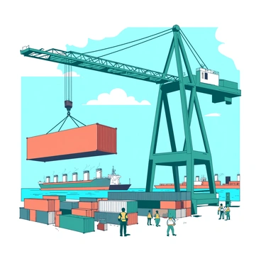 A giant crane moving containers at a busy industrial harbor