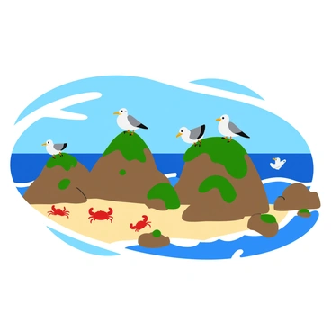 A rocky coastline with various jagged rocks protruding from the water. Small crabs scuttle along the beach and on the rocks, their shells reflecting shades of red and brown. Several seagulls are perched on top of the rocks, some soaring above the waves, their white feathers contrasting with the blue sky. The rocks are covered in patches of green seaweed, creating a textured appearance as the sunlight glimmers off the wet surfaces. Gentle waves crash against the shore, adding to the lively coastal scene.