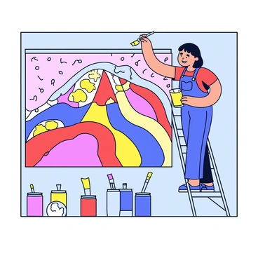 An Asian woman is painting a mural on a city wall. She is standing on a small ladder, reaching up to add details at the top of the mural. The mural features a variety of shapes and patterns, filled with vibrant colors like red, blue, and yellow. Surrounding the woman are several paint cans and brushes, all in bright hues. The wall has a textured surface, adding depth to the artwork. The scene captures her focused expression as she carefully works on her creation.