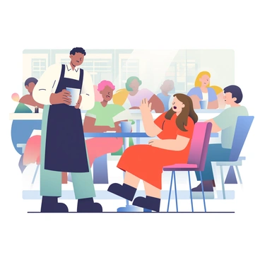 A waiter with short black hair, wearing a white shirt and black apron, is standing beside a table at a busy café. He has a surprised expression on his face as he is accidentally spilling hot coffee from a large white cup onto a customer's lap. The customer, a woman with long brown hair, is wearing a red dress and looking shocked as she is sitting in a chair with her hands raised in surprise. The café is bustling with people around, with tables filled with patrons enjoying their meals and drinks. There are coffee cups and plates on nearby tables, and the atmosphere is lively with conversations and laughter.