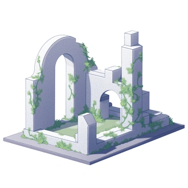 Ancient stone ruins are depicted in a detailed manner, featuring crumbling columns and weathered arches. The stones are textured and show signs of age, with moss and lichen visible on the surfaces. Vines are intricately intertwined around the structures, cascading down the stones and adding to the sense of nature reclaiming the space. The ruins are situated on a rectangular board that measures 30x20. The board provides a sense of depth, showcasing the intricate details of the ruins and the surrounding greenery.