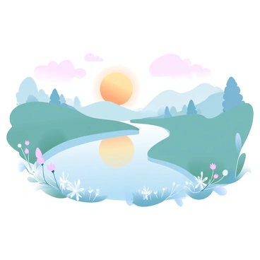 A landscape featuring a calm river reflecting warm tones of orange and yellow from the "glowing sun" rising on the horizon. Gentle hills covered in soft greenery frame the riverbanks. In the foreground, delicate wildflowers bloom along the water’s edge, while distant trees stand tall against the pastel sky. The overall atmosphere is illuminated by the soft light of dawn, creating a tranquil environment.