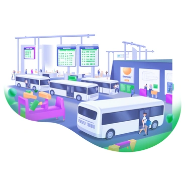 A busy bus terminal filled with activity. Several white buses are lined up in neat rows, ready for departure. Passengers are seen boarding the buses, some carrying luggage while others are checking schedules displayed on large digital screens. The terminal has a modern design, with bright overhead lights illuminating the space. Nearby, there are benches where people are waiting, and a few kiosks selling snacks and beverages. Signs indicating various destinations are visible throughout the terminal.