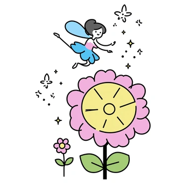 A flower fairy with iridescent wings is elegantly performing acrobatics on a giant flower with vibrant petals. The flower has a large, bright center surrounded by lush green leaves. The fairy wears a dress made of delicate petals in shades of pink and blue. She is in mid-air, gracefully twisting her body as she showcases her acrobatic skills. Surrounding the giant flower are smaller flowers and twinkling lights that resemble stars, creating an enchanting atmosphere. In the background, a whimsical setting enhances the magical feel of the scene.