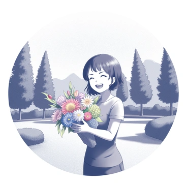 A kanako character with a bright smile stands in a park, holding a large bouquet of assorted flowers. The flowers are vibrant and varied, showcasing a mix of shapes and sizes. The character is dressed in a casual outfit, complementing her cheerful disposition. Around her, the park is filled with lush greenery, including tall trees and well-maintained grass. The sky above is clear, contributing to the sunny atmosphere. The overall scene radiates a sense of joy and warmth.