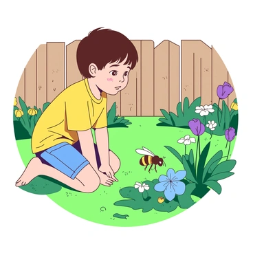 A curious child with short brown hair kneels on the grass in a backyard, watching intently. The child is wearing a bright yellow t-shirt and denim shorts. In front of the child, a large carpenter bee is buzzing as it hovers near a vibrant blue flower. The bee's wings catch the sunlight, creating a shimmering effect. Around them, patches of green grass and a wooden fence can be seen in the background. A few colorful garden plants add detail to the scene, with their petals open wide under the sun.