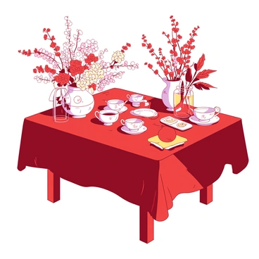 A red garden table is elegantly set for tea with delicate white china cups and saucers neatly arranged. Each piece of china features intricate patterns, complementing the overall setting. Surrounding the table are small vases filled with fresh flowers in various colors, creating a cheerful atmosphere. The evening light casts a warm glow over the scene, highlighting the vibrant colors of the table and the soft textures of the flowers. A light breeze gently rustles the flowers, adding a sense of tranquility to the setting.