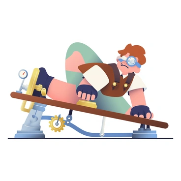 A character with short brown hair and goggles is performing incline push-ups using a steampunk-style contraption. The contraption features brass gears and pipes, with intricate designs and leather accents. The character is wearing a fitted, brown leather vest over a white shirt, and has fingerless gloves. The incline surface of the contraption is wooden and polished, supported by robust metallic legs. A small pressure gauge is visible on the side of the device, displaying pressure levels. The character's expression shows determination and focus as they engage in the exercise.