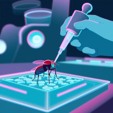 A close-up view of a molecular biologist using a CRISPR tool on a tiny insect, specifically a fruit fly. The scene shows the biologist's gloved hand holding a precise pipette filled with glowing gene-editing fluid, aiming it at the insect, which is sitting on a microscopic slide. The background is filled with intricate details of laboratory equipment, including microscopes and petri dishes, all illuminated by bright, focused lights. The insect is depicted with visible cellular structures, demonstrating the genetic modifications occurring within its cells, showcasing a vivid contrast between the bug's natural colors and the bright, luminescent elements of the editing process.
