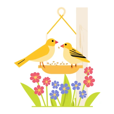 A goldfinch enjoying seeds at a bird feeder in a flower-filled garden