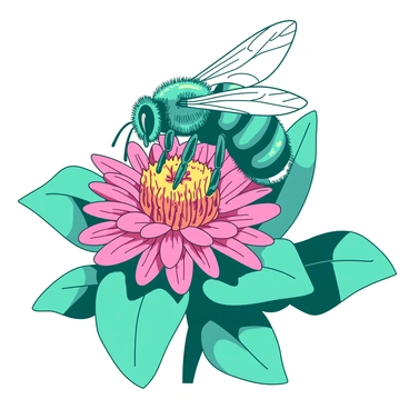 A teal close-up of a busy bee with delicate wings is perched on a vibrant bloom of fynbos, its body covered in fine hairs dusted with yellow pollen. The fynbos flower features intricate petals in shades of pink and orange, radiating outward. The bee is extending its proboscis deep into the bloom, actively collecting nectar. Surrounding the flower are lush green leaves, creating a vivid backdrop that emphasizes the beauty of the fynbos and the industrious nature of the bee.