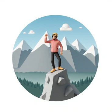 A lone climber, wearing a bright red jacket, black climbing pants, and a helmet, stands triumphantly on a rocky mountain peak. The climber is raising one fist in the air, showcasing a sense of achievement. The surrounding mountains are rugged, with snow-capped summits in the distance. A clear blue sky serves as the backdrop, while a few wispy clouds drift above. Below, a steep cliff drops down to a valley filled with pine trees. The climber's expression shows exhilaration and determination.