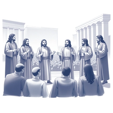 A group of apostles stands in a prominent position within an ancient city square. Each apostle exhibits a distinct expression of passion and conviction, their gestures animated as they address the gathered crowd. The crowd is diverse, featuring men and women of various ages and backgrounds, all intently listening. The architecture of the ancient city surrounds the square, with stone buildings and columns hinting at historical significance. The sky is clear, and the atmosphere is charged with a sense of urgency and importance as the apostles share their message.
