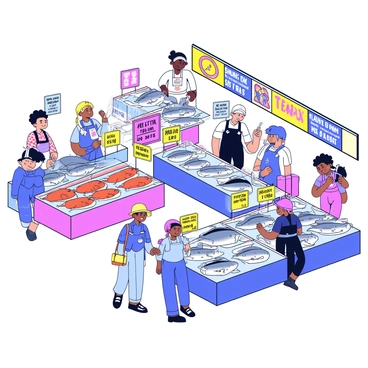 A bustling fish market filled with various stalls. Each vendor showcases an array of fresh catches displayed on ice. Some vendors are behind the counters, wearing aprons and smiling as they interact with customers. Fish such as salmon, tuna, and shrimp are arranged neatly on the tables. The atmosphere is lively, with shoppers exploring the market and examining the seafood options. Brightly colored signs indicate prices and types of fish for sale.