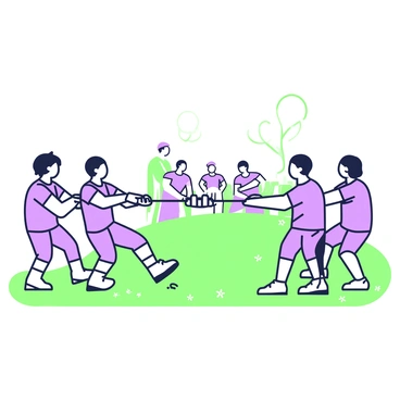 Two teams are engaged in a tug-of-war on a grassy field. On one side, a team of four people is pulling the rope towards them, displaying determined expressions. They are wearing matching shirts and have their feet firmly planted on the ground, showcasing the importance of grip. On the opposing side, another team of four is straining against the rope, also displaying focused expressions. The rope is taut, with the fibers clearly visible as it stretches between the two teams. The ground beneath them is slightly disturbed, indicating the force of their efforts. In the background, there is an audience watching the competition with interest.