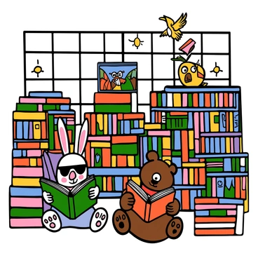A whimsical library filled with colorful shelves stacked high with oversized storybooks. Various cartoon characters with exaggerated features are scattered throughout the space, each engrossed in their own gigantic book. There is a cheerful rabbit with big ears wearing glasses, sitting cross-legged on the floor, holding a large book open with both paws. A playful bear with a round face and a red scarf is leaning against a shelf, peering at a book that is too big for him to hold alone. A curious little bird flutters above, trying to catch a glimpse of a story from a book perched on a higher shelf. The walls of the library are adorned with vibrant murals depicting scenes from famous tales. Sunlight filters through large windows, casting a warm glow over the scene.