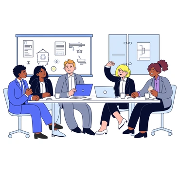 A group of five businesspeople is gathered around a rectangular table. The individuals include two men and three women, each dressed in formal attire. One man has dark hair and wears a blue suit, while the other man has light brown hair and is in a gray suit. One woman with long black hair is wearing a black blazer, and another woman with short blond hair is in a white blouse. The fifth woman has curly brown hair and sports a navy dress. 

Tension is evident in the scene as they are engaged in a heated discussion. Each person has a serious expression on their face. There are various documents and a laptop on the table, along with cups of coffee. The room has a large window allowing natural light to flood in, and a whiteboard is visible in the background filled with notes and diagrams.