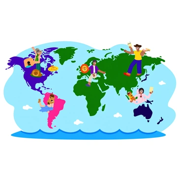 A colorful world map featuring each continent illustrated as a cartoon character. North America is shown as a cheerful character wearing a cowboy hat and holding a guitar. South America appears as a lively figure dancing with maracas. Europe is depicted as a sophisticated character wearing glasses and holding a book. Africa is illustrated as a strong character with a lion by its side. Asia is represented as a wise character with a scroll in hand and wearing a traditional outfit. Australia is portrayed as a laid-back character in beachwear, holding a surfboard. The ocean is filled with playful waves and smiling sea creatures. Each character is positioned on their respective continent, creating a vibrant, engaging visual representation.