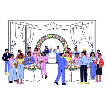 A wedding venue set up for a ceremony. The venue features elegant white drapes hanging from the ceiling and large floral centerpieces on tables filled with colorful flowers. Guests are mingling in formal attire, some holding drinks and chatting. There are strings of fairy lights adorning the space, casting a warm glow over the scene. In the background, a wedding altar is decorated with white roses and greenery.