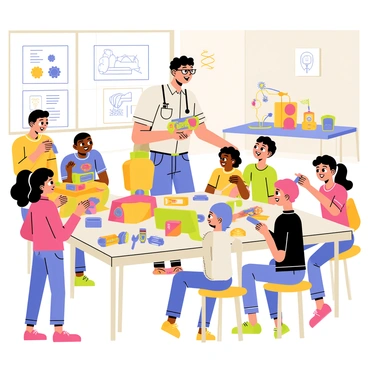An engineer with short black hair wearing glasses is demonstrating how to build robots to a group of excited children in a colorful workshop. The workshop has tables covered with various robot-building kits, including bright plastic pieces, gears, and wires. The engineer is holding a partially assembled robot model, pointing to different parts as the kids listen attentively. Some children are actively working on their own robot kits, using tools such as screwdrivers and pliers. The walls of the workshop are adorned with posters of robots and technology, adding to the energetic atmosphere.