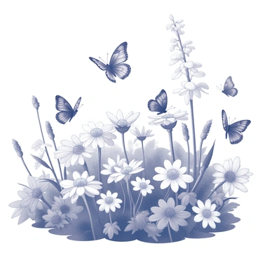 A butterfly garden filled with various species of butterflies in motion. Several butterflies are seen fluttering from flower to flower. The garden is abundant with an assortment of flowers displaying diverse shapes and sizes, each with intricate details. The flowers feature large petals and delicate textures, creating a vivid landscape for the butterflies to inhabit. The scene captures the dynamic interaction between the butterflies and the blooming flora, with some butterflies landing on the flowers while others are mid-flight.