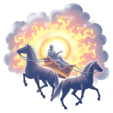 A figure representing Elijah is seated in a chariot made of flames, with dynamic, swirling fire emanating from it. The chariot is being pulled by horses, which appear powerful and majestic. Surrounding the scene is a vivid sunset, with dramatic clouds illuminated by the light, creating a striking contrast. The composition captures the moment of ascension, emphasizing the movement and energy of the fiery chariot against the backdrop of the sky.