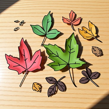 A collection of leaves from different seasons arranged artistically on a wooden table.