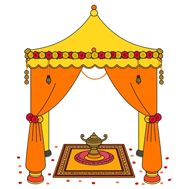A large mandap featuring vibrant decorations for a haldi ceremony. The structure is draped with bright yellow and orange fabrics that flow elegantly from the top. Colorful marigold flowers are intricately arranged along the edges and around the pillars of the mandap. There are hanging garlands made of mixed flowers, adding a festive touch. In the center, traditional items like a brass kalash and a small decorative plate filled with turmeric paste are placed on an ornate cloth. The floor beneath the mandap is adorned with a patterned rug, and small bowls of flower petals surround the area, creating a joyful atmosphere.