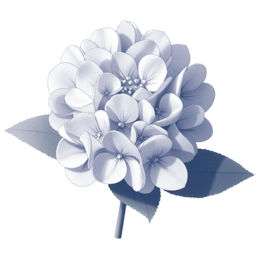 A close-up view of a single hydrangea bloom. The flower is composed of numerous delicate petals, each intricately shaped and overlapping. The petals exhibit a subtle texture, showcasing the fine details of their surface. The center of the bloom features a cluster of small, reproductive structures. Surrounding the bloom, green leafy stems are partially visible, adding a natural context to the floral focus. The overall composition draws attention to the beauty and complexity of the hydrangea's form.