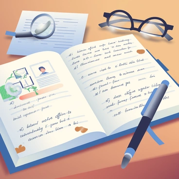 A close-up of a detective's notebook lies on a wooden table. The notebook is open, revealing pages filled with scribbled notes in various handwriting styles. There are doodles and sketches scattered throughout, including a rough drawing of a suspect's profile and a map with marked locations. A black pen rests beside the notebook, and there are coffee stains on the edges of some pages. In the background, a blurred image of a magnifying glass and a pair of reading glasses can be seen, suggesting an ongoing investigation.