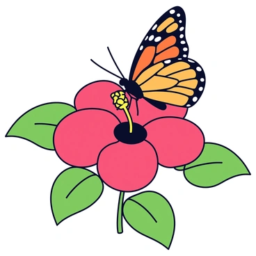 A monarch butterfly with orange and black wings is perched on a vibrant red hibiscus flower. The butterfly's wings are spread wide, displaying intricate patterns. The hibiscus has large, glossy petals that curve outward, with a yellow stamen prominently protruding from the center. Green leaves surround the flower, adding contrast to the bright colors. The background is softly blurred, emphasizing the butterfly and the flower.