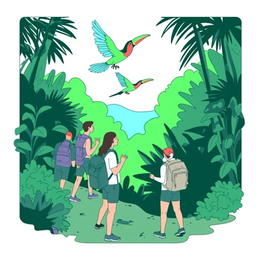 A group of explorers is making their way through a lush, green jungle filled with thick vegetation. They are dressed in lightweight, practical clothing, with backpacks and gear suitable for an adventurous trek. Above them, colorful exotic birds with vibrant plumage are soaring through the air, their wings spread wide as they navigate the canopy. The explorers look up in awe at the birds as they glide gracefully, creating a lively atmosphere in the dense jungle. Sunlight filters through the leaves, casting dappled patterns on the forest floor.