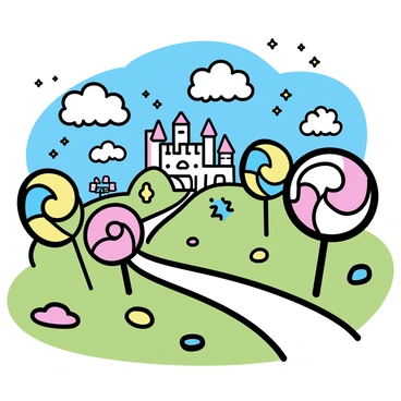 A colorful kingdom made entirely of candy. The trees are tall lollipops with swirled colors, casting playful shadows on the ground. A castle made of shimmering candy canes stands majestically in the background, adorned with gumdrop decorations. The grass is a soft, fluffy texture resembling green cotton candy. Pathways made of chocolate bricks wind through the landscape, leading to various candy-themed attractions. Brightly colored sweets like jellybeans and sour gummies are scattered throughout, adding to the lively scene. The sky is a clear blue, with fluffy marshmallow clouds drifting lazily above.