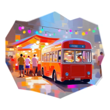 A red double-decker bus is parked beside a bustling night market filled with vibrant food stalls. The market is illuminated by an array of colorful lights hanging above, casting a warm glow over the scene. People are walking around, browsing the stalls that offer a variety of street food and goods. The atmosphere is lively, with some vendors calling out to attract customers while others are busy preparing their dishes. The bus, with its iconic shape, stands out against the backdrop of the lively market activity.