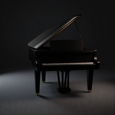 A grand piano with a polished black surface sits in a dimly lit room. The lid is closed, showcasing its elegant curves and intricate details. The keys are pristine and untouched, reflecting the soft light that filters into the space. The room has soft shadows and muted tones, creating an intimate atmosphere around the piano, emphasizing its classic design.