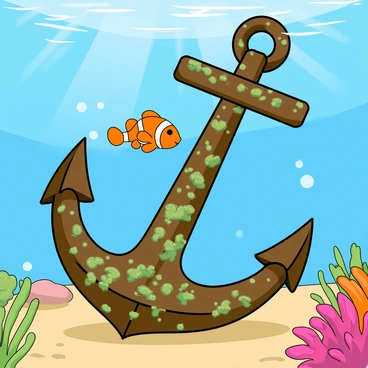 A vibrant orange clownfish with white stripes is playfully swimming around a large, rusted anchor partially submerged in the ocean. The anchor has patches of green and brown rust, covered in small barnacles and seaweed. Sunlight filters through the water, casting shimmering patterns on the sandy ocean floor. A few colorful coral formations are visible nearby, with small bubbles rising as the fish swims gracefully in circles around the anchor, creating a sense of movement and liveliness.